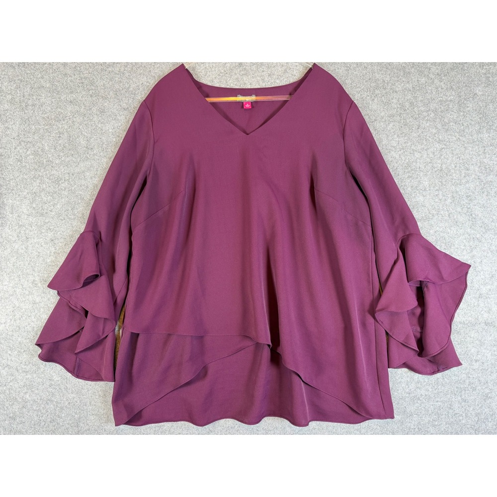Vince Camuto Ruffle Sleeve Blouse Women 1X Purple Good Layered Tulip Hem V-Neck
